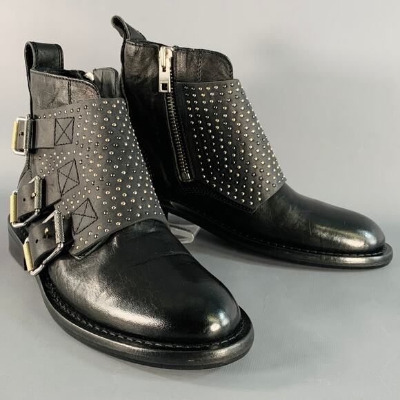 ZADIG & VOLTAIRE 8 Laureen Flap Black Studded Leather Belted Side Zipper Boots - Picture 1 of 10